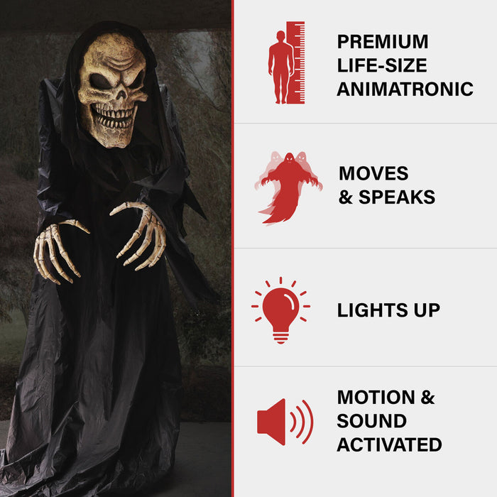 PRE-ORDER Haunted Hill Farm Motion Activated Hunched Skeleton Reaper by Tekky, Premium Talking Halloween Animatronic, Plug-In or Battery