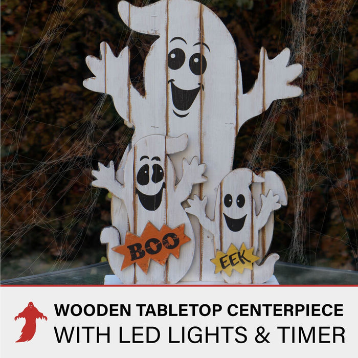 Ghost Family Battery-Operated Wooden Centerpiece with Lights and Timer for Halloween Tabletop Decoration 16" tall