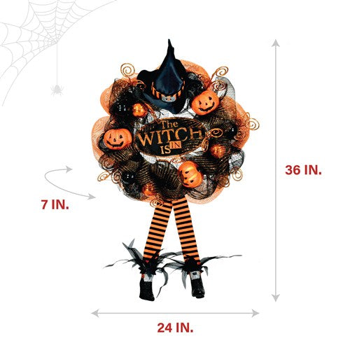 Bewitching Halloween Wreath with Pumpkins and Hanging Feet 24"