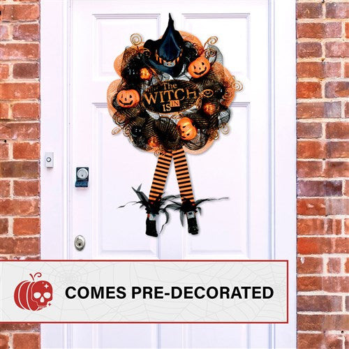 Bewitching Halloween Wreath with Pumpkins and Hanging Feet 24"