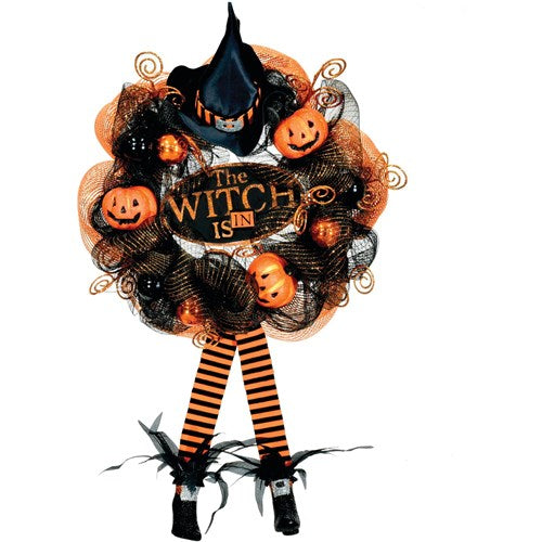 Bewitching Halloween Wreath with Pumpkins and Hanging Feet 24"