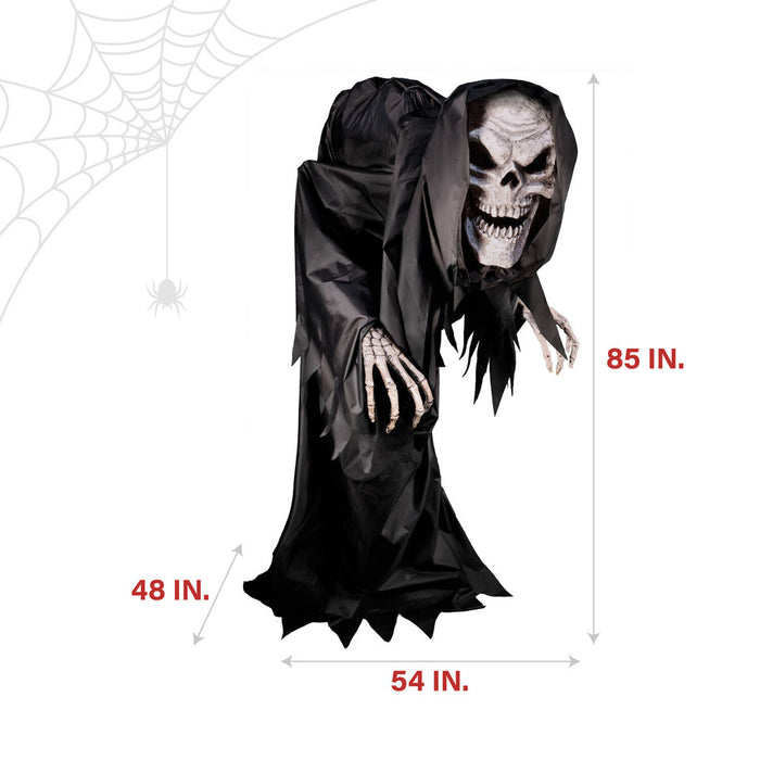 PRE-ORDER Haunted Hill Farm Motion Activated Hunched Skeleton Reaper by Tekky, Premium Talking Halloween Animatronic, Plug-In or Battery