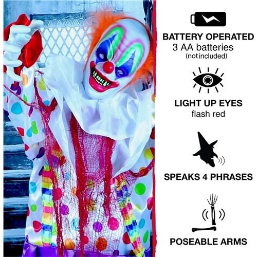 65" Life-Size Animatronic Talking Scary Clown with Flashing Red Eyes